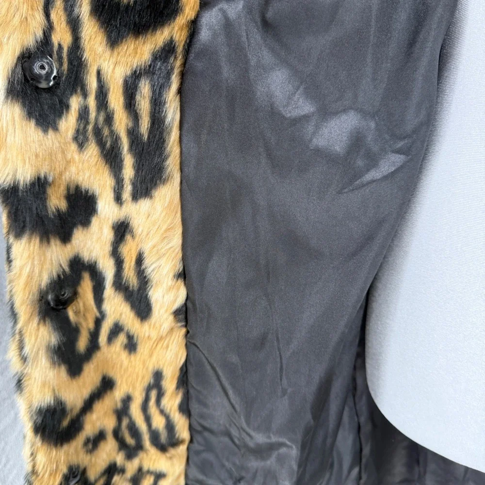 Leopard Print Faux Fur Longline Coat Womens Notched Collar Tan Black Animal